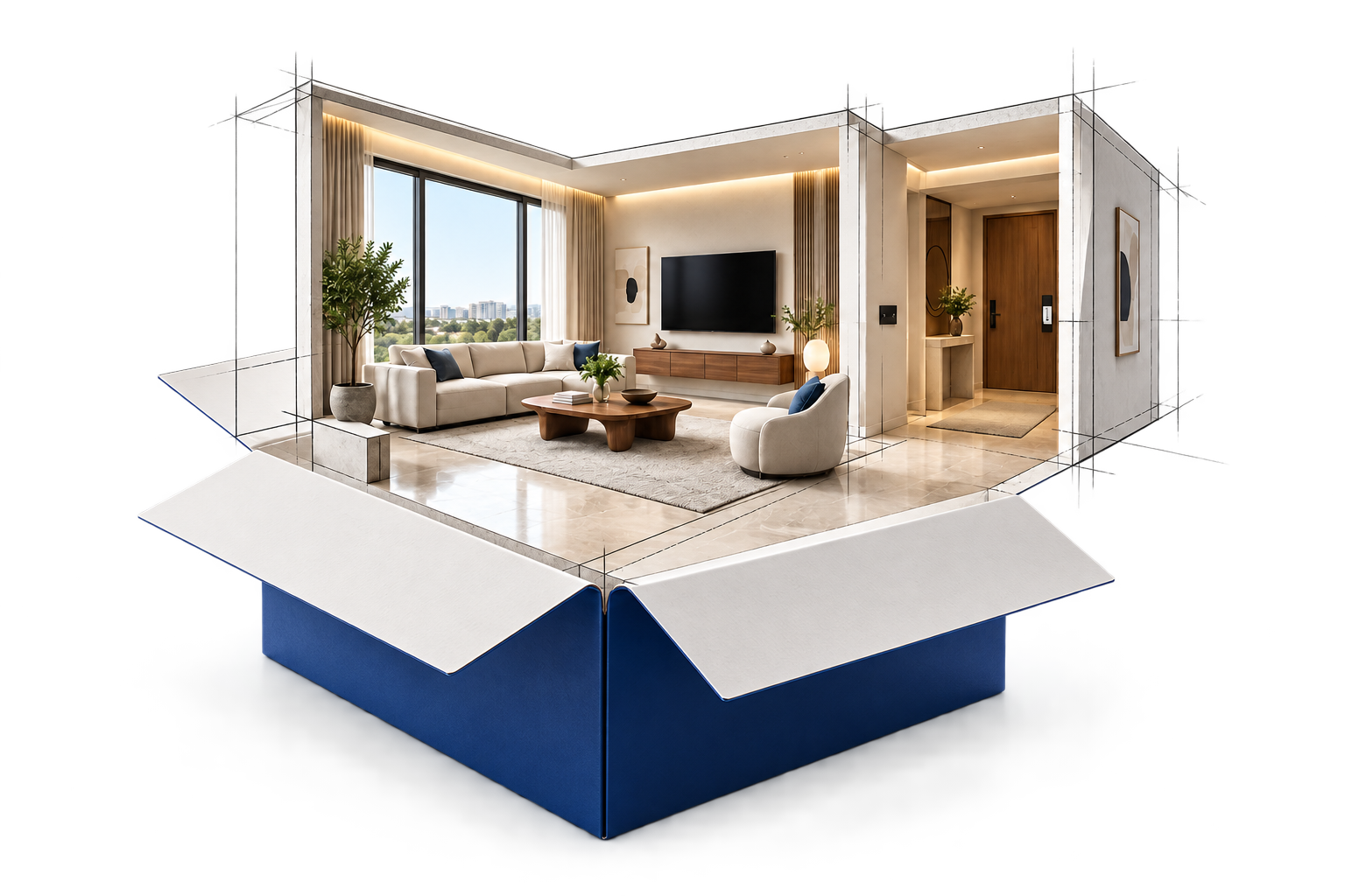 An architectural illustration of a finished apartment emerging from a blue and white carton, representing an installed smart home rather than a DIY kit.